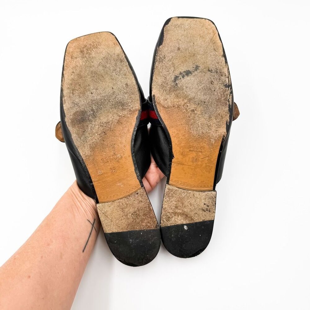 Gucci GG Web Stripe Peyton Mules Flat Slides Black Leather Loafers EU 39 US 9 - Picture 11 of 13